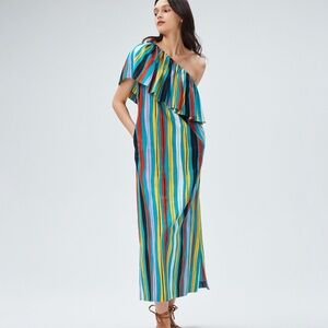 Diane Von Furstenberg DVF Amrita Dress Cotton Linen One-Shoulder Maxi Medium M